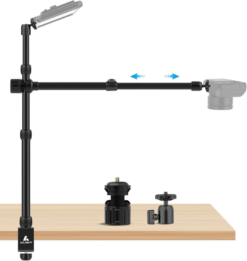 ailight Overhead Camera Mount Desk Stand, 15.75"-33.45" Webcam Mount with 2-Section Adjustable Telescopic Boom Arm, C Clamp/Swiveling Ball Head for DSLR Camera, Phone, Ring Light, Webcam - Image 1
